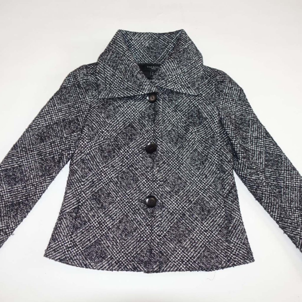 Talbots Women's Wool Blend Jacket Size 2 Petite Black White Button Front 2p Euc